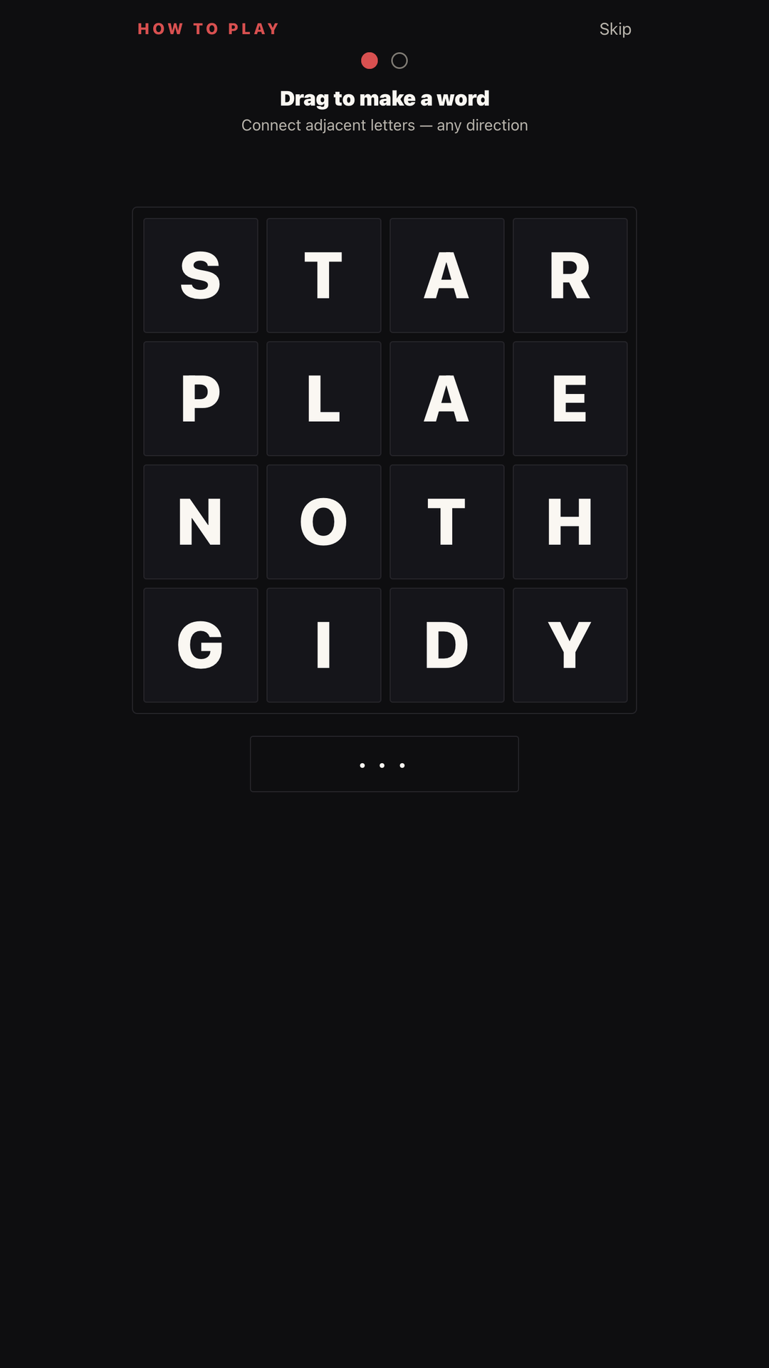 Wordy Bunch in-app tutorial showing a 4 by 4 letter board.